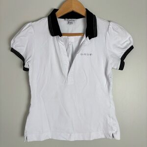Vintage Y2K bebe Puff Sleeve Polo Shirt-Rhinestone Logo-Fitted-Black/White-M